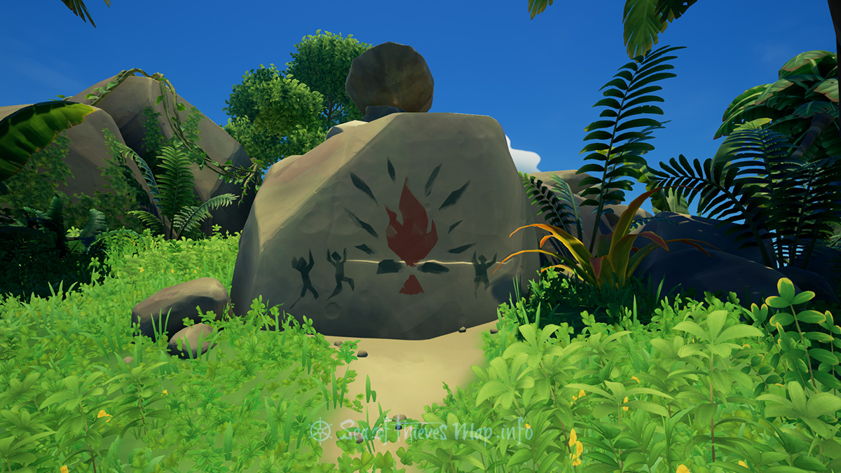 Sea Of Thieves Map - Find the roaring flame painted on stone on the far West island, you salty dog, 6 paces South West, have a dig and then a grog - Riddle Step