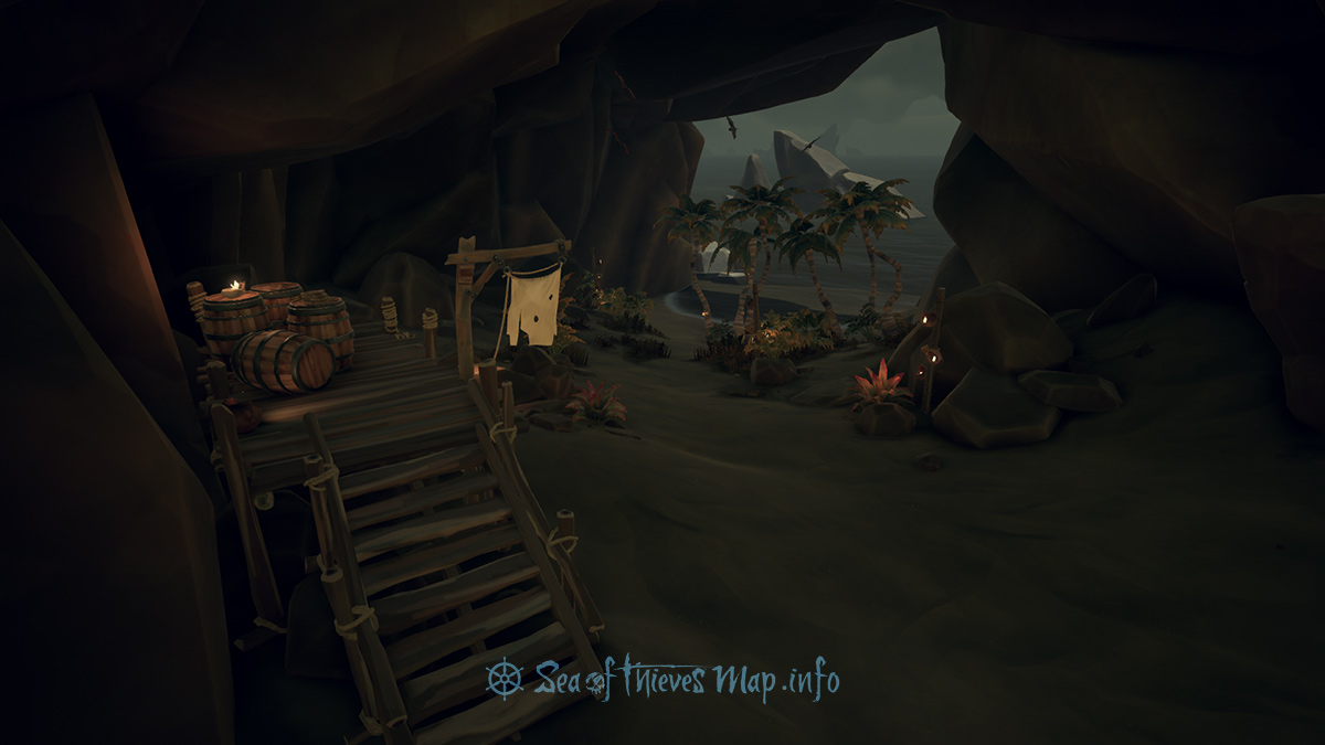 Sea Of Thieves Map - Discover the white flag at the barrel platform where rock encases, step 7 paces South-by-South West, leads you to where a digging place is - Riddle Step