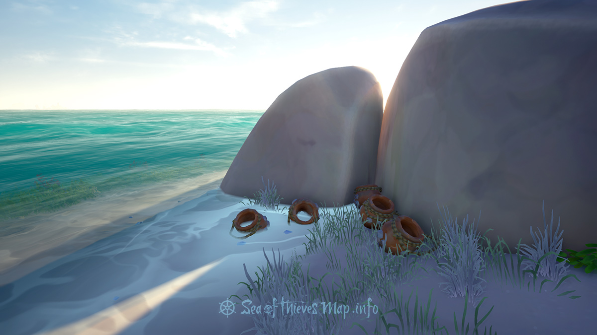 Sea Of Thieves Map - Walk to five barnacled pots on the East beach then honest toil, 9 paces West-by-South West, your well-earned prize lies beneath soil - Riddle Step